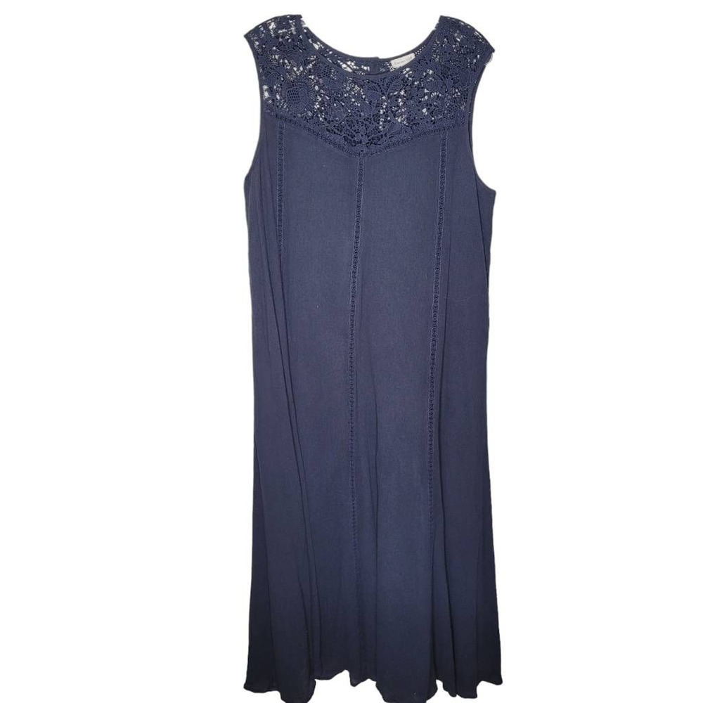 Garnet Hill Womens Shift Dress Navy blue Midi Sleeveless crochet Lace sz 14